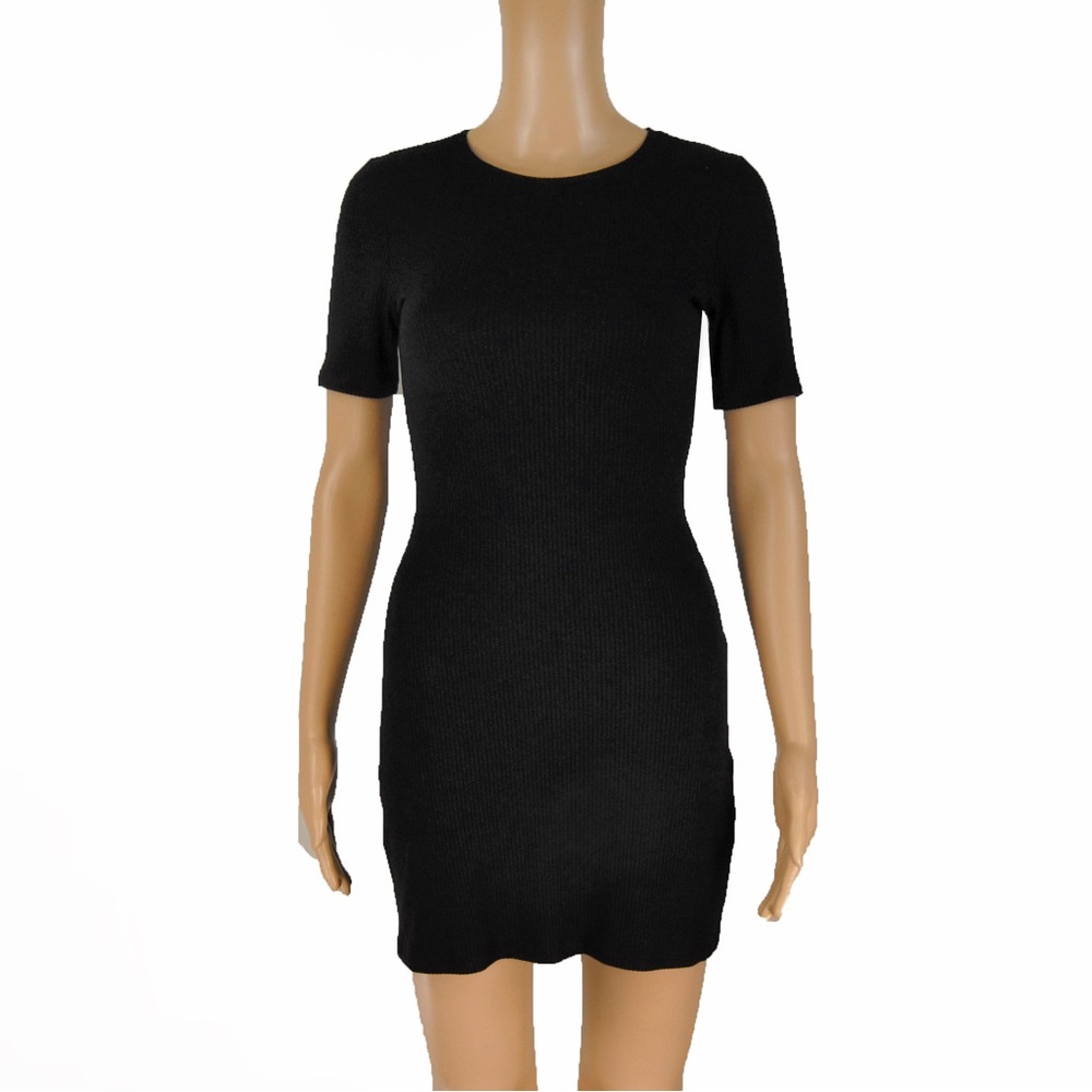 Reformation Black Ribbed Short-Sleeve Mini Dress